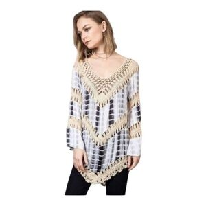 Umgee Gray Tie Dye Crochet Top‎ Long Bell Sleeve Tunic Bohemian Festival Medium